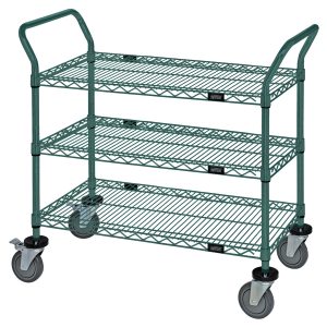 The Quantum Utility Cart, measuring 36W x 18D x 37-1/2H, has three wire shelves, a 1200 lb. capacity, two U-shaped handles, an open base design, and four 5 polyurethane swivel casters (two with brakes). Its green with an antimicrobial finish and includes donut bumpers.