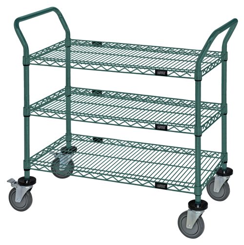 The Quantum Utility Cart, measuring 36W x 18D x 37-1/2H, has three wire shelves, a 1200 lb. capacity, two U-shaped handles, an open base design, and four 5 polyurethane swivel casters (two with brakes). Its green with an antimicrobial finish and includes donut bumpers.