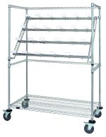 The Quantum Catheter Hold and Store Cart measures 48L x 24W x 69H, featuring a chrome-plated finish with (36) catheter hooks. It includes (4) casters, (2 with brakes), ensuring easy mobility and optimal storage.