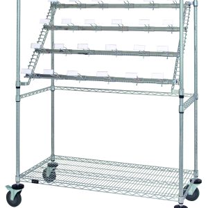 The Quantum Catheter Hold and Store Cart measures 48L x 24W x 69H, featuring a chrome-plated finish with (36) catheter hooks. It includes (4) casters, (2 with brakes), ensuring easy mobility and optimal storage.