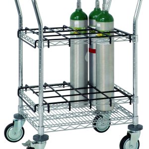 The Quantum Cylinder Transport/Inhalation Therapy Cart measures 24W x 18D x 37-1/2H and supports up to 12 D or E oxygen cylinders. Featuring a chrome-plated finish, it has two shelves for secure storage and four large wheels for easy maneuverability.