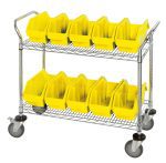 The Quantum Utility Cart measures 36W x 18D x 37-1/2H and includes two chrome-plated wire shelves, ten yellow bins (12-1/2W x 6-5/8D x 5H), a handle, and four wheels for maneuvering—two swivel casters with brakes.