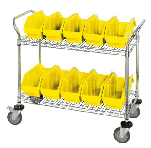 WRC2-1836-1867_YL.jpg The Quantum Utility Cart measures 36W x 18D x 37-1/2H and includes two chrome-plated wire shelves, ten yellow bins (12-1/2W x 6-5/8D x 5H), a handle, and four wheels for maneuvering—two swivel casters with brakes.