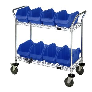 The Quantum Utility Cart, measuring 36W x 18D x 37-1/2H, features a chrome-plated finish with two wire shelves holding eight blue bins. It moves easily on four wheels—two swivel casters with brakes—and includes two push handles for easy maneuverability. Ships in knock-down form.