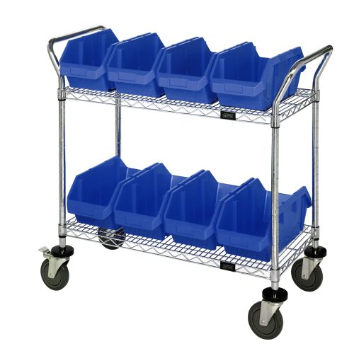 The Quantum Utility Cart, measuring 36W x 18D x 37-1/2H, features a chrome-plated finish with two wire shelves holding eight blue bins. It moves easily on four wheels—two swivel casters with brakes—and includes two push handles for easy maneuverability. Ships in knock-down form.