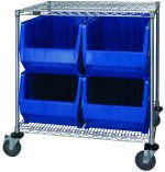 The Quantum Bin Systems Unit includes two wire shelves, four posts, and four autoclavable blue bins (29L x 16W x 15H). It features large caster wheels (two with brakes) for easy mobility. Its chrome finish ensures durability while securely holding your storage needs.