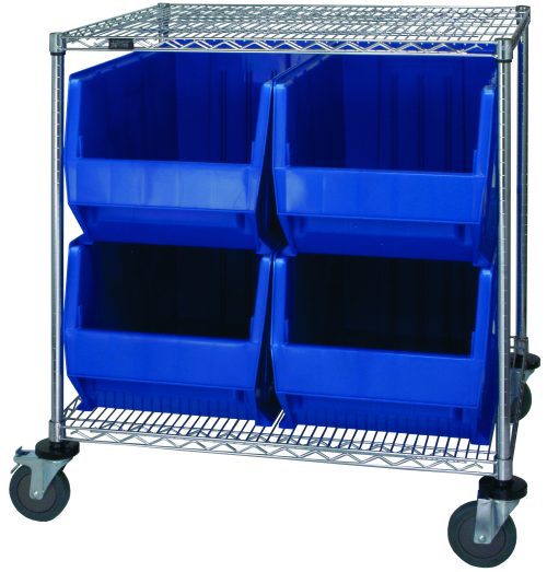 WRC2-36-3036-976_BL.jpg The Quantum Bin Systems Unit includes two wire shelves, four posts, and four autoclavable blue bins (29L x 16W x 15H). It features large caster wheels (two with brakes) for easy mobility. Its chrome finish ensures durability while securely holding your storage needs.