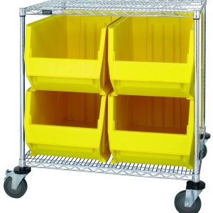 The Quantum Bin Systems Unit is a chrome-finished metal storage cart featuring two wire shelves, four posts, and four large yellow autoclavable bins (29L x 16W x 15H) with open fronts. It has four 5 polyurethane swivel casters (two with brakes) for smooth mobility.