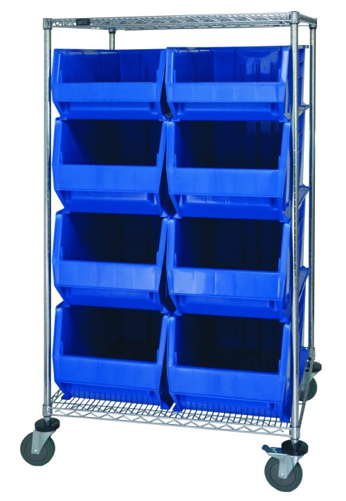 The Quantum Bin Systems Unit is a 36W x 30D x 69H chrome rack with (2) wire shelves and is supported by (4) posts. It includes swivel casters for mobility, houses (8) blue autoclavable bins, and features an open-front design for easy access to stored items.