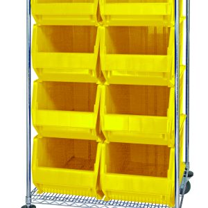 Discover the Quantum Bin Systems Unit—a versatile 36W x 30D x 69H shelving solution featuring a chrome finish and two wire shelves. It includes (2) Qus974 and (6) Qus976 yellow autoclavable bins. Equipped with durable swivel casters for mobility, it can also serve as a sturdy stationary organizer.