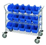The Quantum Utility Cart, measuring 36W x 18D x 37-1/2H, features a chrome-plated finish, three wire shelves with fifteen blue bins (12-1/2W x 6-5/8D x 5H), and sturdy metal handles. It rolls smoothly on four large wheels, two with brakes.