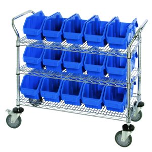 The Quantum Utility Cart, measuring 36W x 18D x 37-1/2H, features a chrome-plated finish, three wire shelves with fifteen blue bins (12-1/2W x 6-5/8D x 5H), and sturdy metal handles. It rolls smoothly on four large wheels, two with brakes.