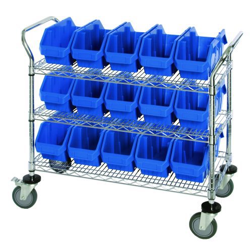 The Quantum Utility Cart, measuring 36W x 18D x 37-1/2H, features a chrome-plated finish, three wire shelves with fifteen blue bins (12-1/2W x 6-5/8D x 5H), and sturdy metal handles. It rolls smoothly on four large wheels, two with brakes.