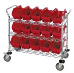 The Quantum Utility Cart, measuring 36W x 18D x 37-1/2H, includes three wire shelves with fifteen 12-1/2W x 6-5/8D x 5H (QP1265) red bins. Its chrome-plated finish and four wheels, including two swivel with brakes, provide both style and practical mobility.