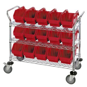 The Quantum Utility Cart, measuring 36W x 18D x 37-1/2H, includes three wire shelves with fifteen 12-1/2W x 6-5/8D x 5H (QP1265) red bins. Its chrome-plated finish and four wheels, including two swivel with brakes, provide both style and practical mobility.