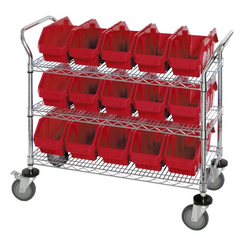 The Quantum Utility Cart, measuring 36W x 18D x 37-1/2H, includes three wire shelves with fifteen 12-1/2W x 6-5/8D x 5H (QP1265) red bins. Its chrome-plated finish and four wheels, including two swivel with brakes, provide both style and practical mobility.