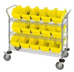 The Quantum Utility Cart features a chrome-plated finish, three wire shelves with fifteen bright yellow QP1265 bins, and measures 36W x 18D x 37-1/2H. It includes two swivel casters and two with brakes for easy mobility, blending style and function.