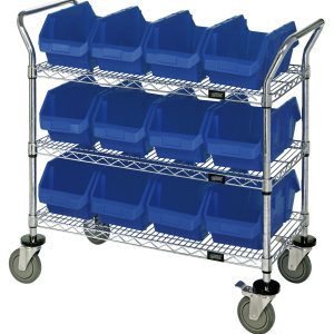 The Quantum Utility Cart is a three-tiered cart measuring 36W x 18D x 37-1/2H, featuring a chrome plated finish, three wire shelves, twelve blue bins (12-1/2W x 8-3/8D x 5H), and four large swivel casters—two with brakes for extra mobility and stability.