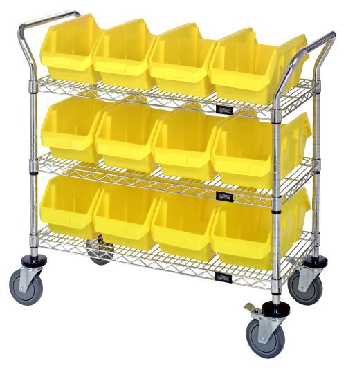 The Quantum Utility Cart, measuring 36W x 18D x 37-1/2H, features three wire shelves with twelve QP1285 yellow bins (12-1/2W x 8-3/8D x 5H each). It rolls on four gray wheels, two of which are swivel casters with brakes, and has a chrome-plated finish. Ships KD.