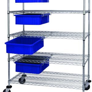 The Quantum Bin Cart System is a metal shelving unit with six wire shelves on wheels and a sleek chrome-plated finish, measuring 36W x 24D x 69H. It includes four blue modular drawers (DG92060) with dividable grids for optimized storage and mobility.