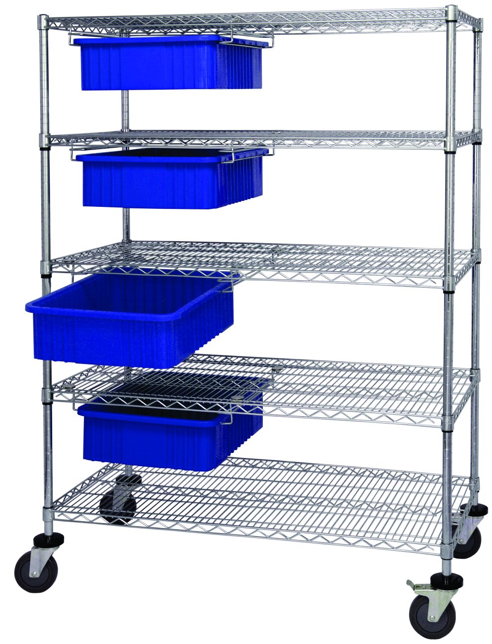 Five-shelf chrome wire bin cart system with four blue dividable grid containers suspended on slides