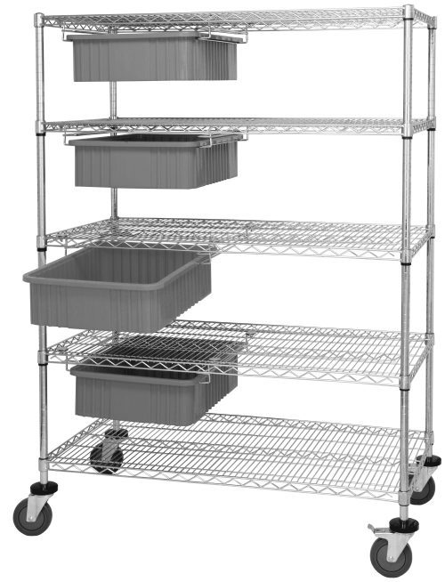 The Quantum Bin Cart System, measuring 36W x 24D x 69H, has a 1200 lb. load capacity and features four modular drawers with dividable grid gray containers (DG92060). It boasts a minimalist chrome-plated finish and ships knocked down for practical organization.