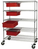 The Quantum Bin Cart System features a 36W x 24D x 69H shelving unit with a 1200 lb. load capacity, four modular red containers (DG92060) with dividable grids, and comes with caster wheels for easy mobility. It has a chrome-plated finish and is shipped KD.