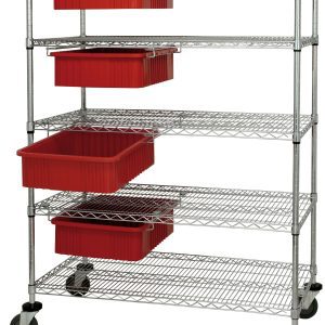 The Quantum Bin Cart System features a 36W x 24D x 69H shelving unit with a 1200 lb. load capacity, four modular red containers (DG92060) with dividable grids, and comes with caster wheels for easy mobility. It has a chrome-plated finish and is shipped KD.