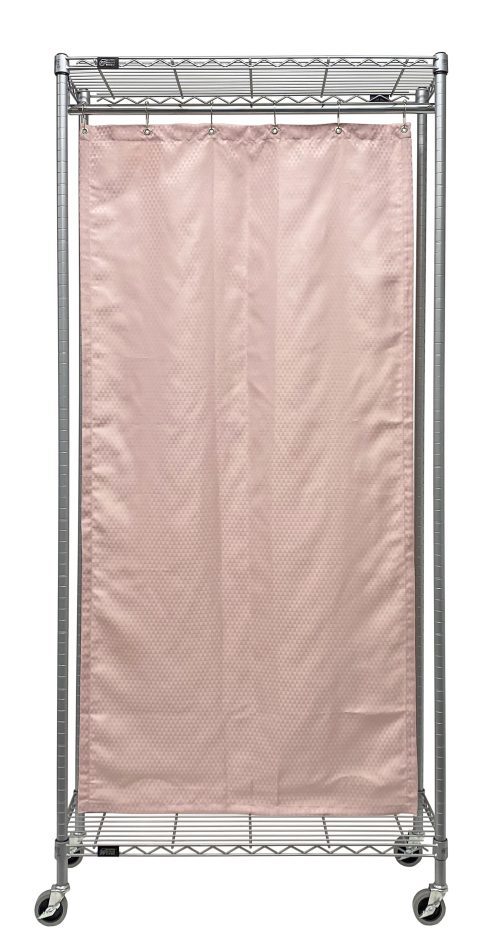 The Quantum Mobile Privacy Partition transforms with a light pink fabric cover, resembling a curtain and attaching with top hooks. Measuring 36W x 12D x 78H, it features a bottom grid shelf and boasts a gray epoxy antimicrobial finish.