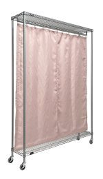 The Quantum Mobile Privacy Partition, sized 60W x 12D x 78H with a gray epoxy antimicrobial finish, features a metal garment rack on wheels with top and bottom shelves. It includes central pink curtains held by rings on a rod to elegantly conceal the middle section.