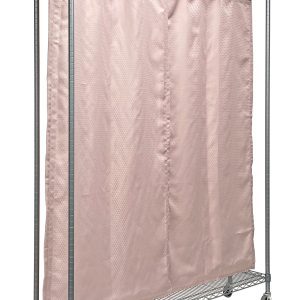 The Quantum Mobile Privacy Partition, sized 60W x 12D x 78H with a gray epoxy antimicrobial finish, features a metal garment rack on wheels with top and bottom shelves. It includes central pink curtains held by rings on a rod to elegantly conceal the middle section.