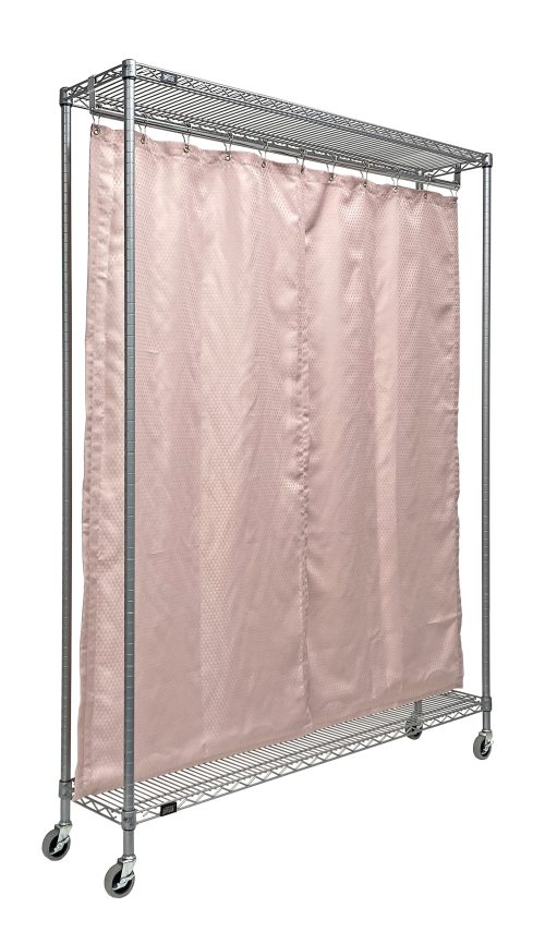 WRC74-1260GY-2PC.jpg The Quantum Mobile Privacy Partition, sized 60W x 12D x 78H with a gray epoxy antimicrobial finish, features a metal garment rack on wheels with top and bottom shelves. It includes central pink curtains held by rings on a rod to elegantly conceal the middle section.