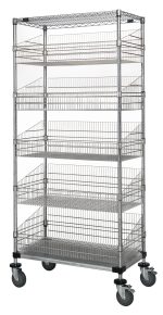 The Quantum Post Basket Cart is a 24W x 18D x 80H unit with five basket-style tiers and a sleek chrome finish. It includes wire and solid shelves, four swiveling caster wheels for easy mobility, supports a 1200 lbs load capacity, and ships KD for convenience.