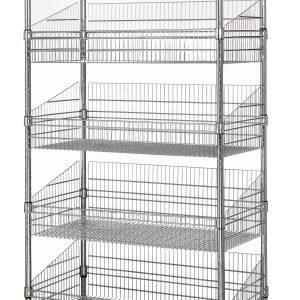 The Quantum Post Basket Cart is a 24W x 18D x 80H unit with five basket-style tiers and a sleek chrome finish. It includes wire and solid shelves, four swiveling caster wheels for easy mobility, supports a 1200 lbs load capacity, and ships KD for convenience.