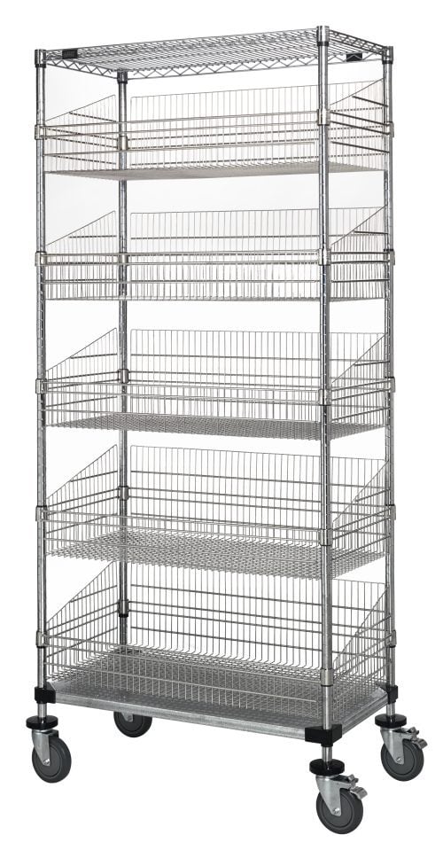 The Quantum Post Basket Cart is a 24W x 18D x 80H unit with five basket-style tiers and a sleek chrome finish. It includes wire and solid shelves, four swiveling caster wheels for easy mobility, supports a 1200 lbs load capacity, and ships KD for convenience.