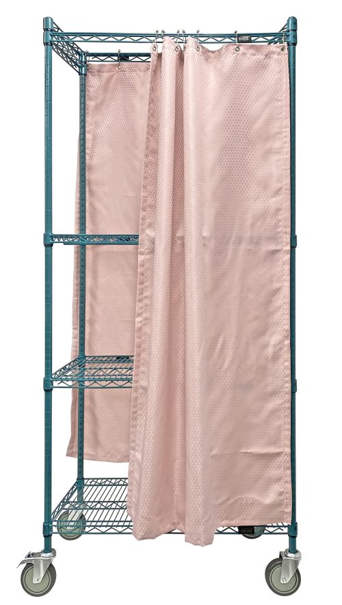 Introducing the Quantum Mobile Privacy Storage Cart: 36W x 18D x 80H with a 1200 lb. load capacity. It features a green epoxy antimicrobial finish, three tiers, light pink curtains for privacy, and four wheels for easy mobility.