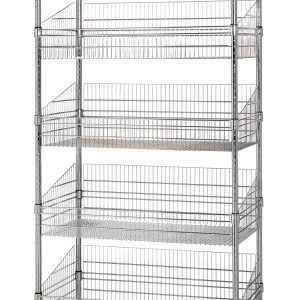The Quantum Post Basket Cart, measuring 24W x 18D x 80H, features five chrome-plated baskets for open storage. With a robust 1200 lbs load capacity and four large wheels for easy mobility, this versatile shelving unit stands empty against a plain backdrop. Shipped KD.