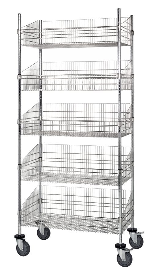 The Quantum Post Basket Cart, measuring 24W x 18D x 80H, features five chrome-plated baskets for open storage. With a robust 1200 lbs load capacity and four large wheels for easy mobility, this versatile shelving unit stands empty against a plain backdrop. Shipped KD.