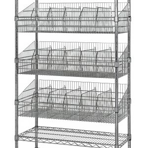 The Quantum Post Basket Cart has a 24W x 18D x 80H frame with three wire shelves and four baskets, capable of holding up to 1200 lbs. It includes dividers, label holders, and wheels for easy mobility. The chrome-plated unit is shipped KD, perfect for organized storage and effortless movement.