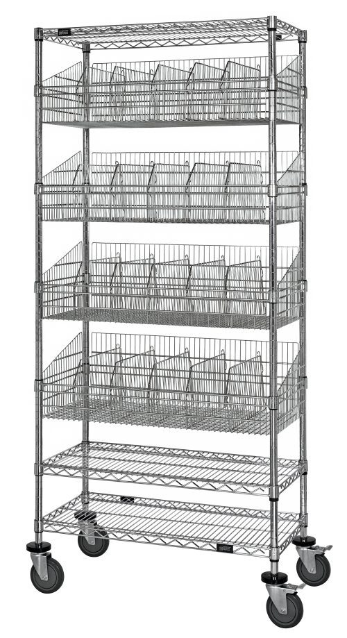 The Quantum Post Basket Cart has a 24W x 18D x 80H frame with three wire shelves and four baskets, capable of holding up to 1200 lbs. It includes dividers, label holders, and wheels for easy mobility. The chrome-plated unit is shipped KD, perfect for organized storage and effortless movement.