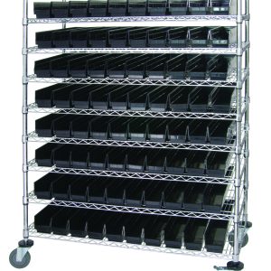 The Quantum Catheter Bin Wire Cart, featuring a chrome finish and 1200 lbs load capacity, measures 48W x 24D x 69H. It ships KD with 9 shelves and includes 80 QSB105 black bins, all set on wheels against a white background.