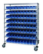 The Quantum Catheter Bin Wire Cart, with a chrome plated finish, includes nine shelves and 80 QSB105 blue bins. Measuring 48W x 24D x 69H, it smoothly rolls on caster wheels for easy movement and supports up to 1200 lbs. Shipped KD for added convenience.