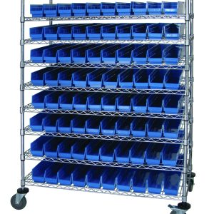 The Quantum Catheter Bin Wire Cart, with a chrome plated finish, includes nine shelves and 80 QSB105 blue bins. Measuring 48W x 24D x 69H, it smoothly rolls on caster wheels for easy movement and supports up to 1200 lbs. Shipped KD for added convenience.