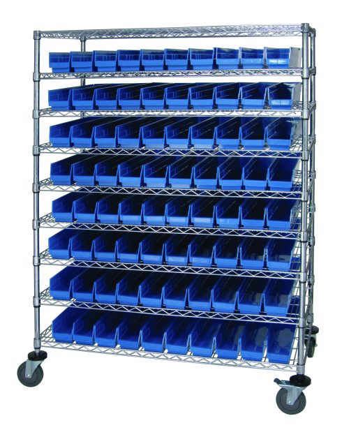 WRC9-63-2448-105_BL.jpg The Quantum Catheter Bin Wire Cart, with a chrome plated finish, includes nine shelves and 80 QSB105 blue bins. Measuring 48W x 24D x 69H, it smoothly rolls on caster wheels for easy movement and supports up to 1200 lbs. Shipped KD for added convenience.