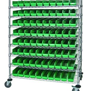 The Quantum Catheter Bin Wire Cart, chrome-plated and shipped KD, features nine shelves with 80 green QSB105 bins for organized storage. It measures 48W x 24D x 69H and supports up to 1200 lbs.