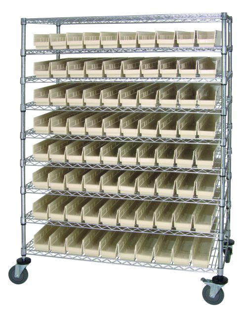 The Quantum Catheter Bin Wire Cart, 48W x 24D x 69H, includes nine shelves and 80 ivory Qsb105 bins. It boasts a chrome plated finish and four wheels, supports up to 1200 lbs, and ships KD for easy assembly.