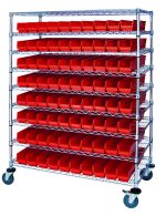The Quantum Catheter Bin Wire Cart, measuring 48W x 24D x 69H, with chrome finish and a load capacity of 1200 lbs, includes nine shelves and 80 QSB105 red bins. It ships KD for easy assembly, making it perfect for organized catheter bin storage.