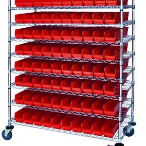The Quantum Catheter Bin Wire Cart, measuring 48W x 24D x 69H, with chrome finish and a load capacity of 1200 lbs, includes nine shelves and 80 QSB105 red bins. It ships KD for easy assembly, making it perfect for organized catheter bin storage.
