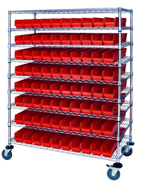 The Quantum Catheter Bin Wire Cart, measuring 48W x 24D x 69H, with chrome finish and a load capacity of 1200 lbs, includes nine shelves and 80 QSB105 red bins. It ships KD for easy assembly, making it perfect for organized catheter bin storage.