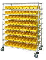 The Quantum Catheter Bin Wire Cart, with dimensions 48W x 24D x 69H, features nine shelves and includes 80 neatly arranged QSB105 yellow bins. With its chrome-plated finish and mobile design, it supports up to 1200 lbs while ensuring versatility and orderliness in your space.